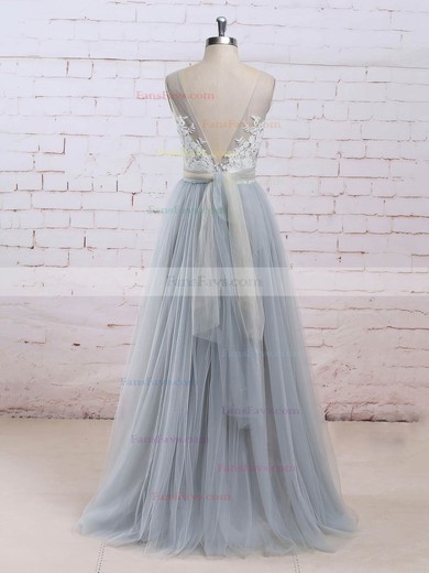 Princess V-neck Tulle Floor-length Appliques Lace Prom Dresses #Favs020104853