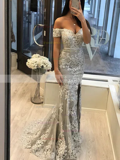 Trumpet/Mermaid Off-the-shoulder Lace Sweep Train Appliques Lace Prom Dresses #Favs020104963