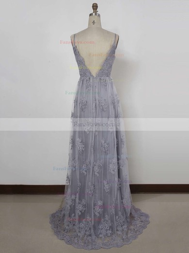 A-line V-neck Tulle Sweep Train Appliques Lace Prom Dresses #Favs020104261