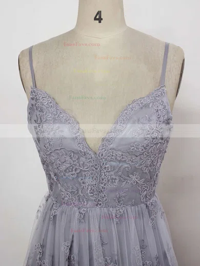 A-line V-neck Tulle Sweep Train Appliques Lace Prom Dresses #Favs020104261