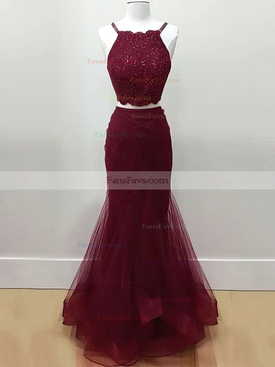 Trumpet/Mermaid Halter Tulle Floor-length Appliques Lace Prom Dresses #Favs020104980