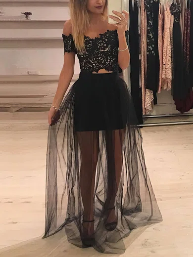 A-line Off-the-shoulder Tulle Floor-length Appliques Lace Prom Dresses #Favs020105160