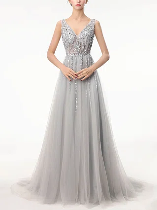 A-line V-neck Tulle Sweep Train Beading Prom Dresses #Favs020105193