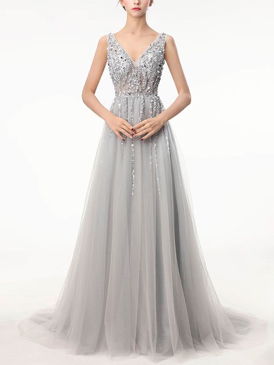 A-line V-neck Tulle Sweep Train Beading Prom Dresses #Favs020105193