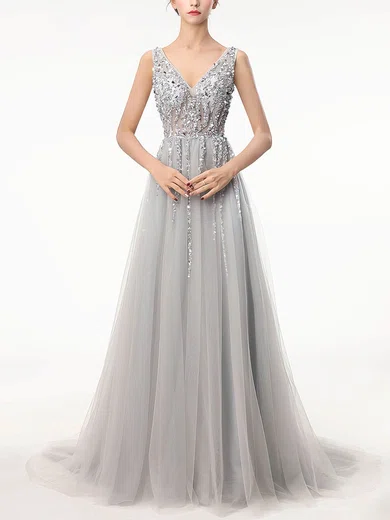 A-line V-neck Tulle Sweep Train Beading Prom Dresses #Favs020105193