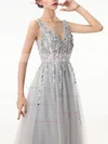 A-line V-neck Tulle Sweep Train Beading Prom Dresses #Favs020105193