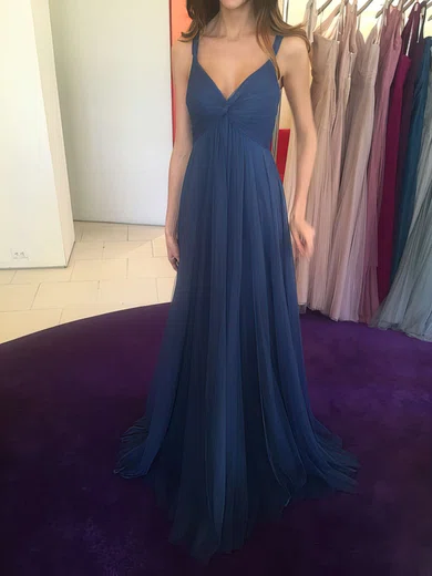 Empire V-neck Tulle Sweep Train Ruffles Prom Dresses #Favs020105342