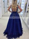Princess V-neck Tulle Floor-length Appliques Lace Prom Dresses #Favs020105572