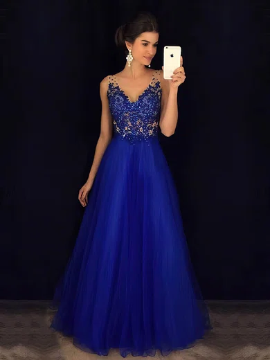 Princess V-neck Tulle Floor-length Beading Prom Dresses #Favs020105576