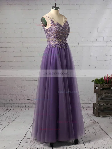 Princess V-neck Tulle Floor-length Beading Prom Dresses #Favs020105576