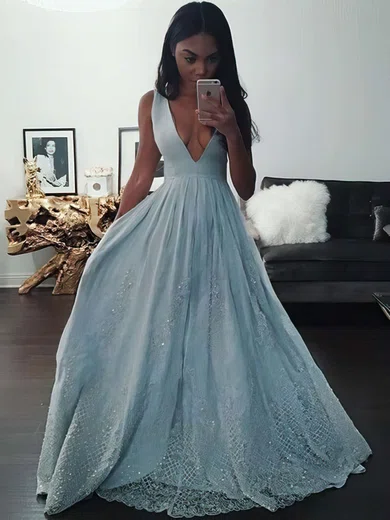 Princess V-neck Tulle Floor-length Beading Prom Dresses #Favs020104343