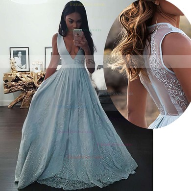 Princess V-neck Tulle Floor-length Beading Prom Dresses #Favs020104343