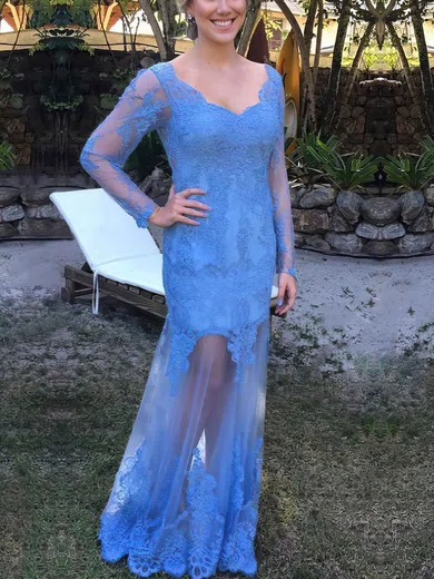 Sheath/Column V-neck Tulle Floor-length Appliques Lace Prom Dresses #Favs020105601