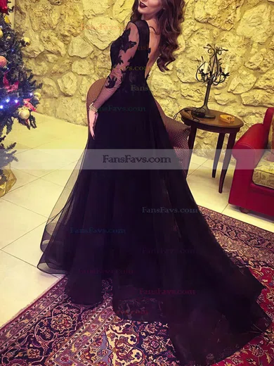 A-line V-neck Tulle Sweep Train Appliques Lace Prom Dresses #Favs020105633