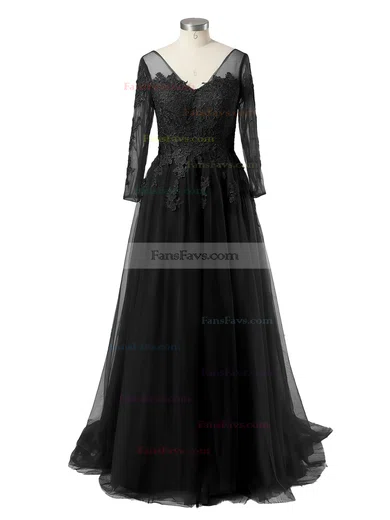 A-line V-neck Tulle Sweep Train Appliques Lace Prom Dresses #Favs020105633