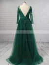 A-line V-neck Tulle Sweep Train Appliques Lace Prom Dresses #Favs020105633