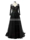 A-line V-neck Tulle Sweep Train Appliques Lace Prom Dresses #Favs020105633