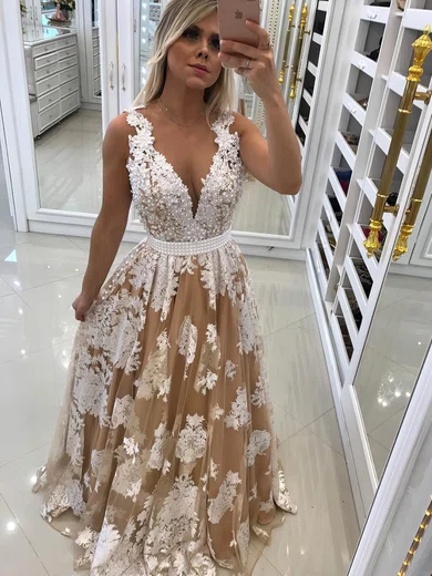 Princess V-neck Tulle Floor-length Appliques Lace Prom Dresses #Favs020105756