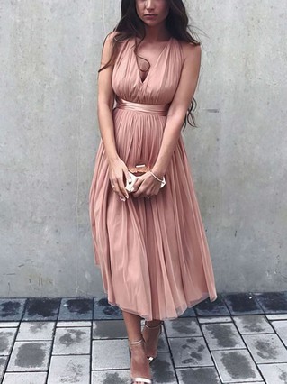 A-line V-neck Tulle Tea-length Sashes / Ribbons Prom Dresses #Favs020105823 A-line V-neck Tulle Tea-length Sashes / Ribbons Prom Dresses #Favs020105823