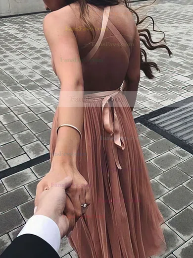 A-line V-neck Tulle Tea-length Sashes / Ribbons Prom Dresses #Favs020105823