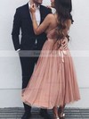 A-line V-neck Tulle Tea-length Sashes / Ribbons Prom Dresses #Favs020105823