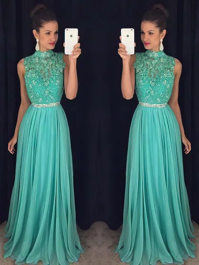 A-line High Neck Chiffon Floor-length Beading Prom Dresses #Favs020102443