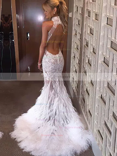 Trumpet/Mermaid High Neck Tulle Feather Sweep Train Appliques Lace Prom Dresses #Favs020104461