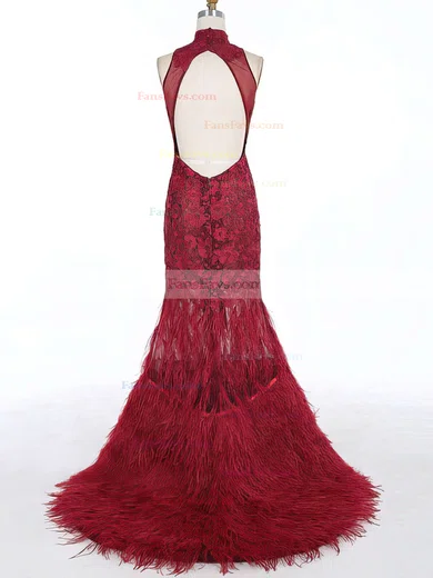 Trumpet/Mermaid High Neck Tulle Feather Sweep Train Appliques Lace Prom Dresses #Favs020104461