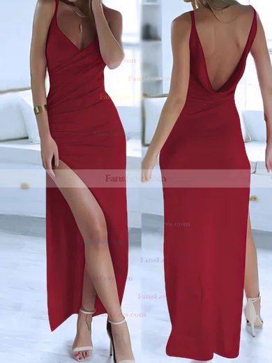 Sheath/Column V-neck Silk-like Satin Ankle-length Split Front Prom Dresses #Favs020104358