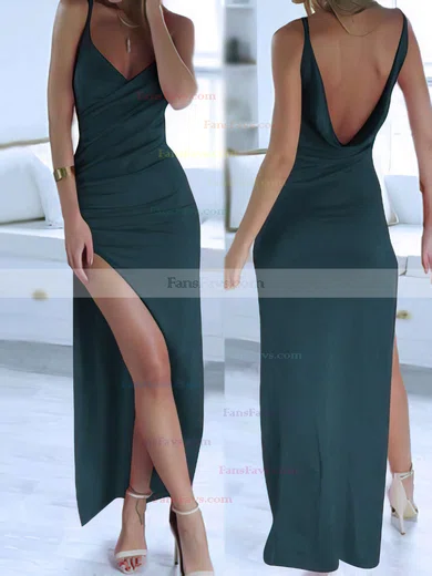 Sheath/Column V-neck Silk-like Satin Ankle-length Split Front Prom Dresses #Favs020104358