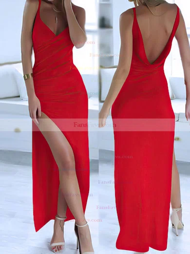 Sheath/Column V-neck Silk-like Satin Ankle-length Split Front Prom Dresses #Favs020104358