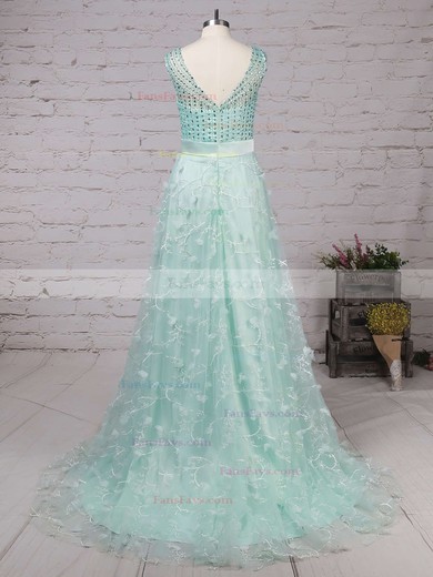 A-line V-neck Lace Tulle Sweep Train Beading Prom Dresses #Favs020104353
