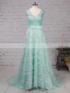 A-line V-neck Lace Tulle Sweep Train Beading Prom Dresses #Favs020104353