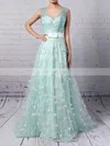 A-line V-neck Lace Tulle Sweep Train Beading Prom Dresses #Favs020104353