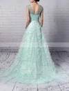 A-line V-neck Lace Tulle Sweep Train Beading Prom Dresses #Favs020104353