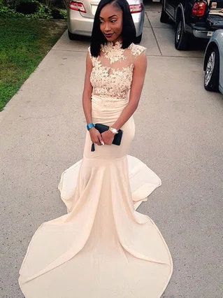 Trumpet/Mermaid High Neck Jersey Sweep Train Appliques Lace Prom Dresses #Favs020105683