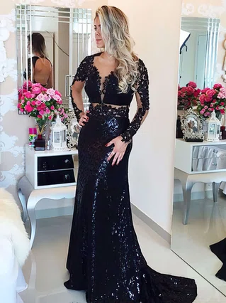 Trumpet/Mermaid Scoop Neck Sequined Sweep Train Appliques Lace Prom Dresses #Favs020105811 Trumpet/Mermaid Scoop Neck Sequined Sweep Train Appliques Lace Prom Dresses #Favs020105811