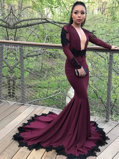 Trumpet/Mermaid V-neck Jersey Sweep Train Appliques Lace Prom Dresses #Favs020105612