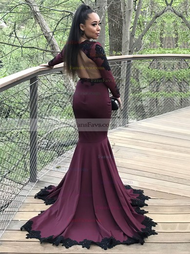 Trumpet/Mermaid V-neck Jersey Sweep Train Appliques Lace Prom Dresses #Favs020105612
