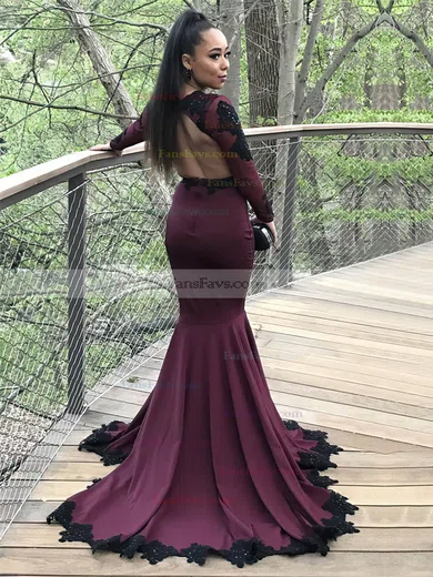 Trumpet/Mermaid V-neck Jersey Sweep Train Appliques Lace Prom Dresses #Favs020105612