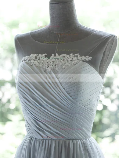 Cheap Knee-length Gray Chiffon Appliques Lace and Pleats Scoop Neck Prom Dress #Favs020100029