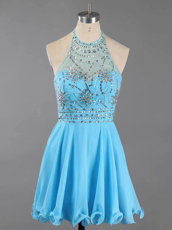 Backless A-line Halter Chiffon Crystal Detailing Short/Mini Classy Homecoming Dresses #Favs020100982