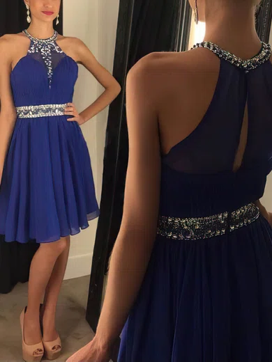A-line Scoop Neck Chiffon Short/Mini Beading Royal Blue Prom Dresses #Favs020102478