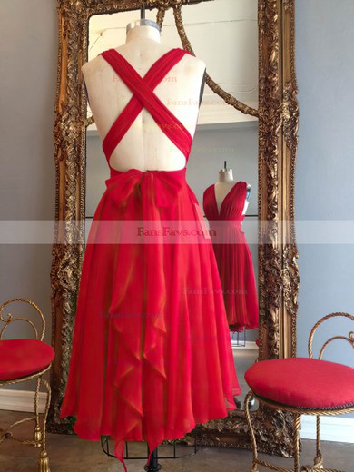 Hot A-line V-neck Chiffon Knee-length Ruffles Red Backless Prom Dresses #Favs020102648