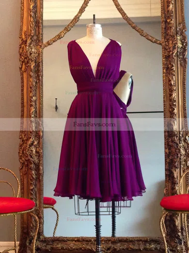 Hot A-line V-neck Chiffon Knee-length Ruffles Red Backless Prom Dresses #Favs020102648