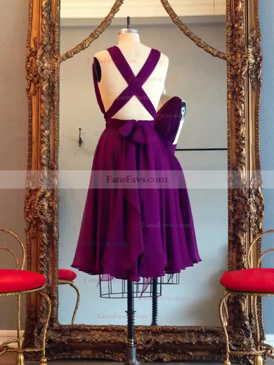 Hot A-line V-neck Chiffon Knee-length Ruffles Red Backless Prom Dresses #Favs020102648