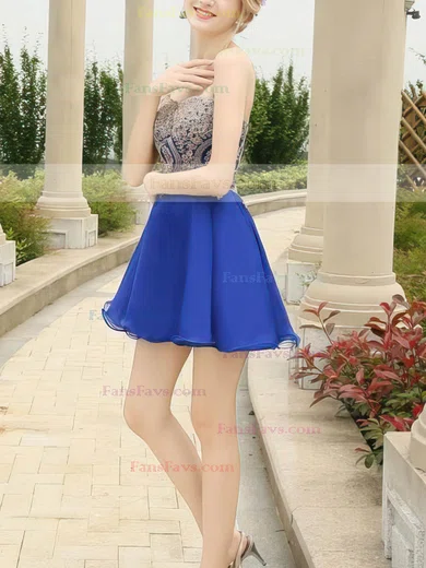 Girls A-line Sweetheart Chiffon Short/Mini Appliques Lace Royal Blue Prom Dresses #Favs020103460