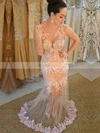 Trumpet/Mermaid Scoop Neck Tulle Floor-length Appliques Lace Prom Dresses #Favs020104424