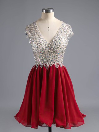 Burgundy A-line V-neck Chiffon Tulle Short/Mini Beading Open Back Homecoming Dresses #Favs020100703 Burgundy A-line V-neck Chiffon Tulle Short/Mini Beading Open Back Homecoming Dresses #Favs020100703