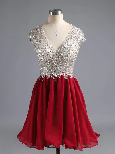 Burgundy A-line V-neck Chiffon Tulle Short/Mini Beading Open Back Homecoming Dresses #Favs020100703